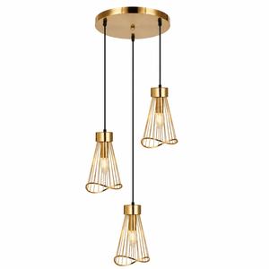 Sensu Cluster Gold Pendant Light with three gold wire shades hanging from a round ceiling mount.