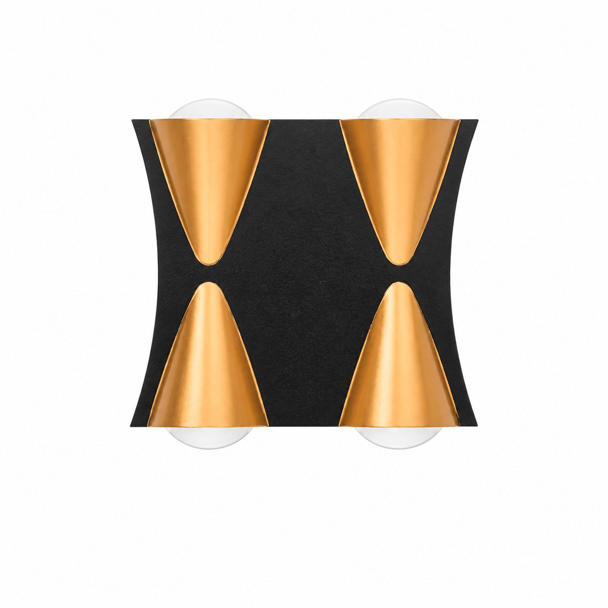 Modern outdoor wall light with gold accents and clear bulbs, designed for up and down illumination.