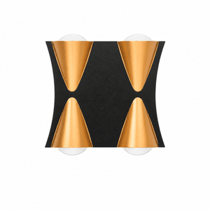 Modern outdoor wall light with gold accents and clear bulbs, designed for up and down illumination.