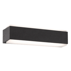 Rectangular black outdoor wall light with white top and bottom diffusers, shown against green background