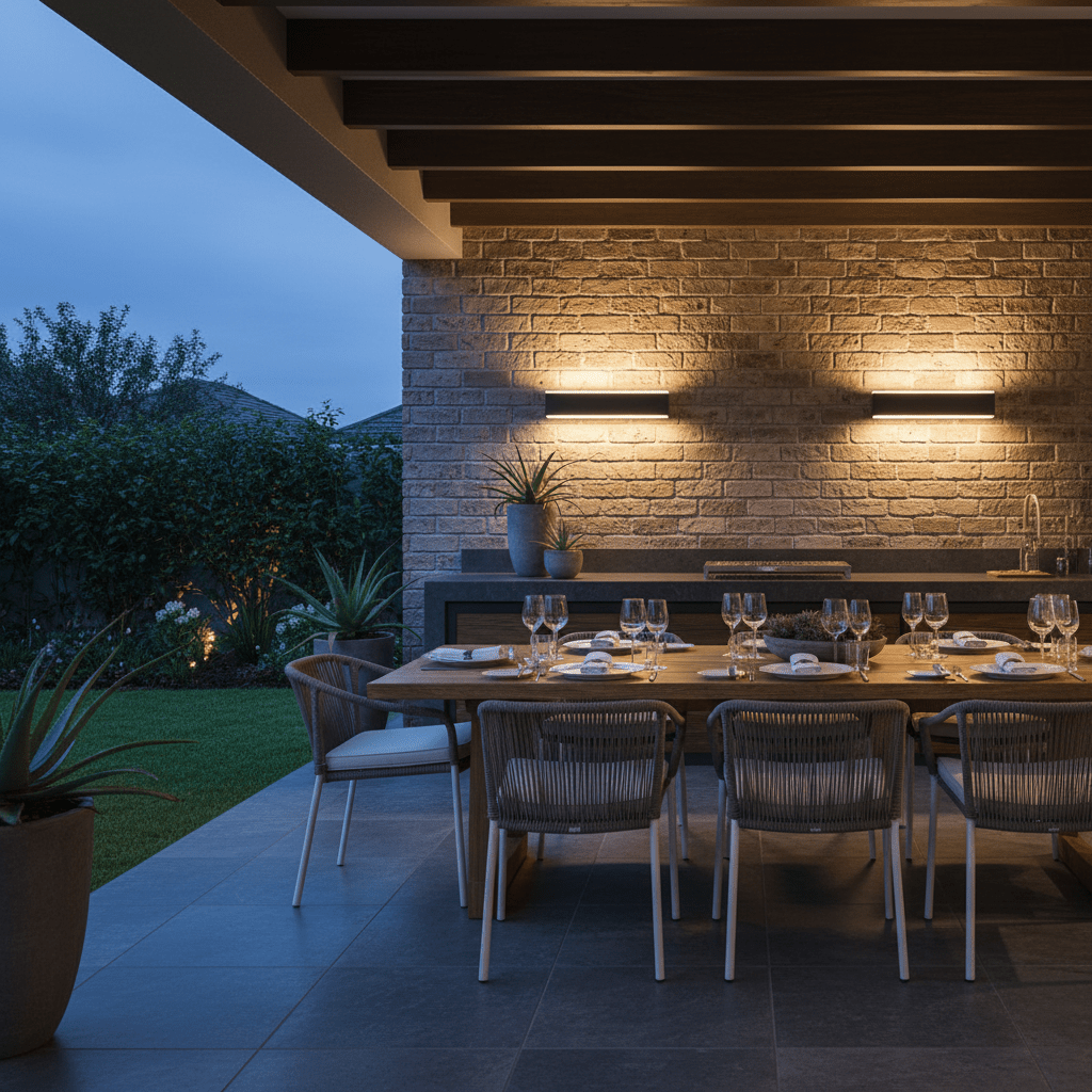 Two black outdoor wall lights mounted on a textured brick wall, casting warm up‑and‑down light over a patio dining area