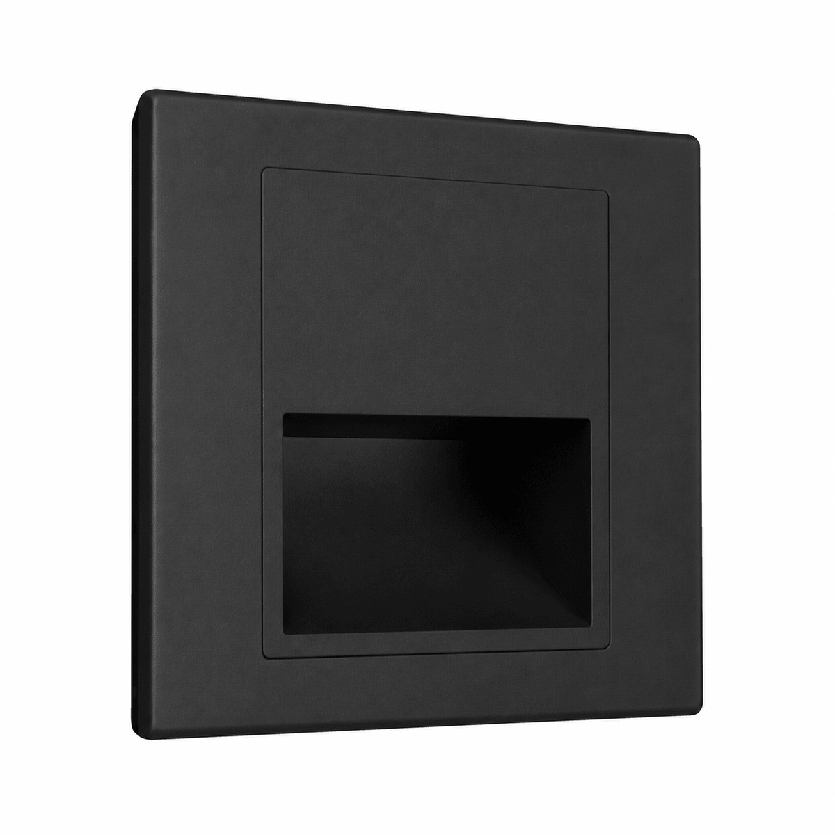 Black recessed indoor LED step light with a sleek design, ideal for stair and hallway lighting.
