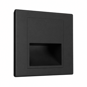 Black recessed indoor LED step light with a sleek design, ideal for stair and hallway lighting.