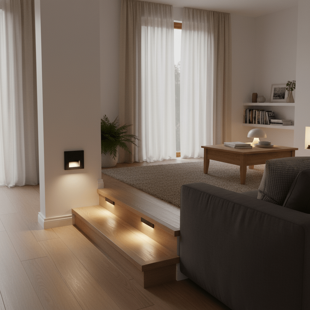 Recessed LED step light illuminating wooden stairs in a cozy indoor setting.