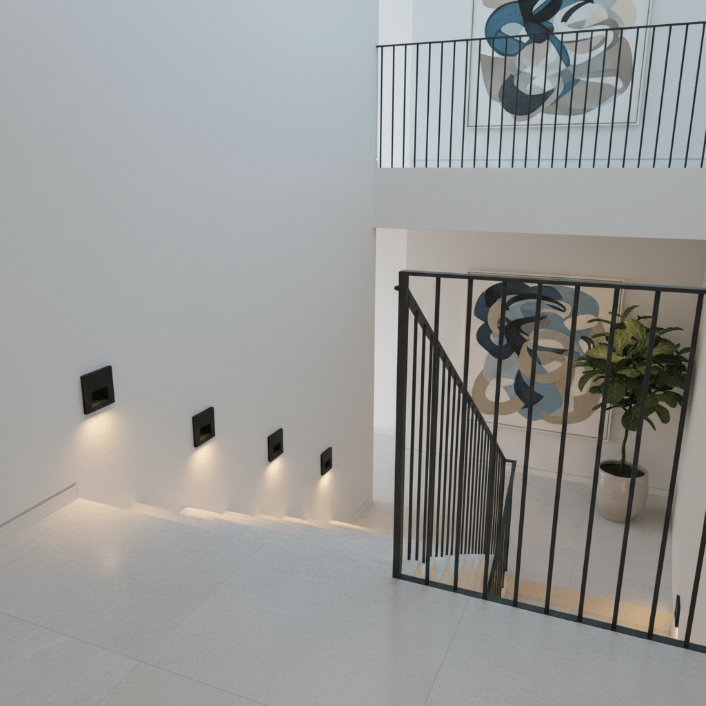 Recessed black LED step lights illuminating a modern staircase with a railing and artwork.