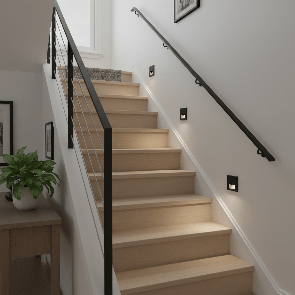 Recessed black LED step lights installed on wooden stairs, providing soft illumination along the staircase.