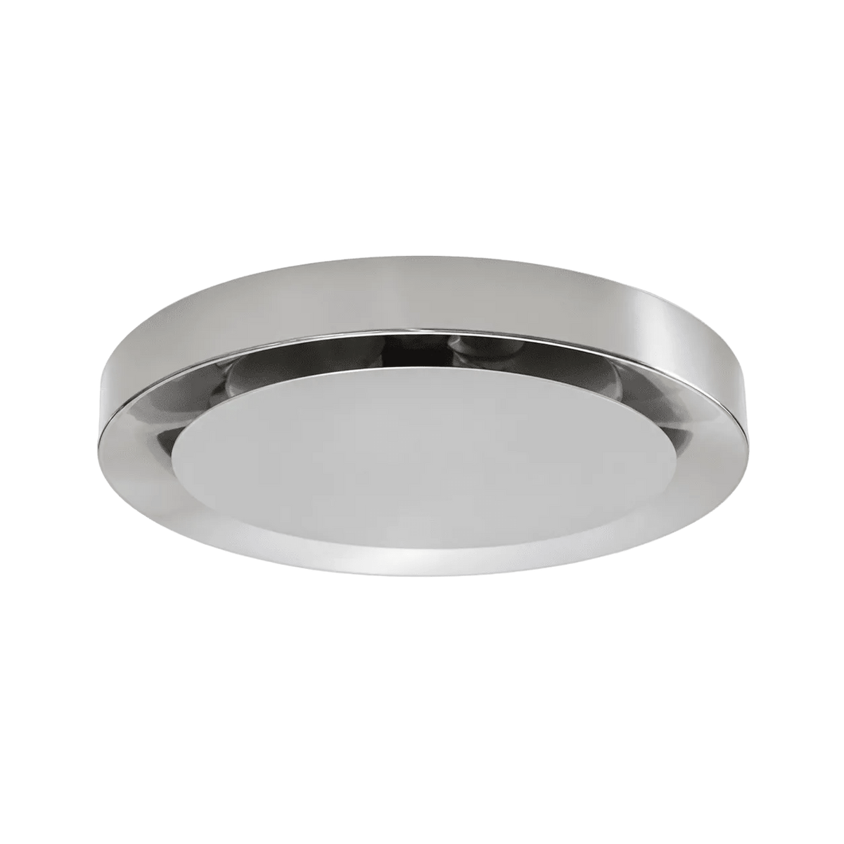 A round, polished chrome ceiling light with a smooth, white diffuser in the center.