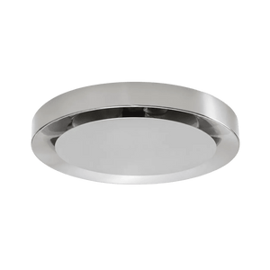 A round, polished chrome ceiling light with a smooth, white diffuser in the center.