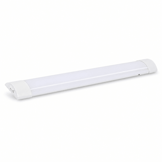 18W LED flush mount linear fitting with a white polycarbonate body, 600mm length.