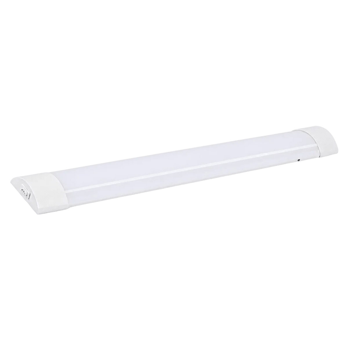 18W LED flush mount linear fitting with a sleek white finish and rounded ends, positioned horizontally.