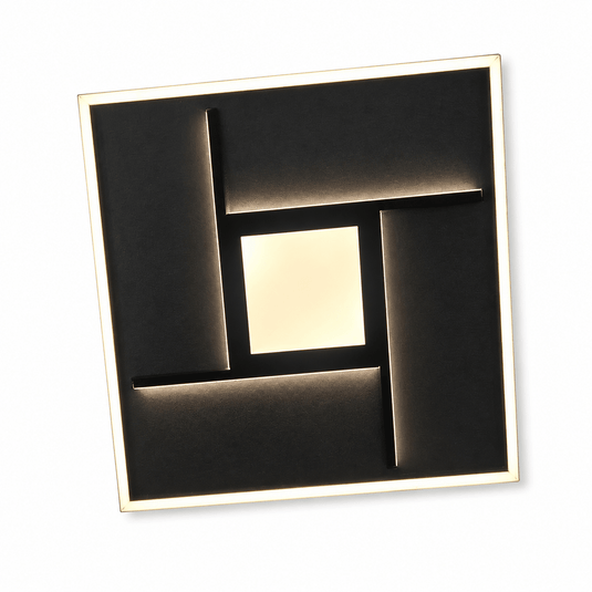 38W LED Labyrinth Ceiling Fitting in black finish with a geometric design and warm white light.