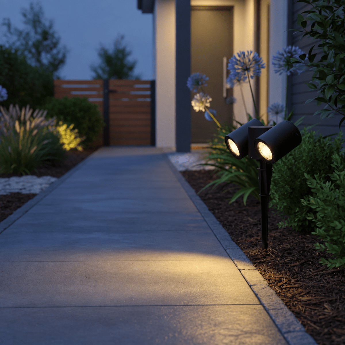Dual-head spike light mounted in mulch, lighting a concrete pathway beside a house entrance at dusk.
