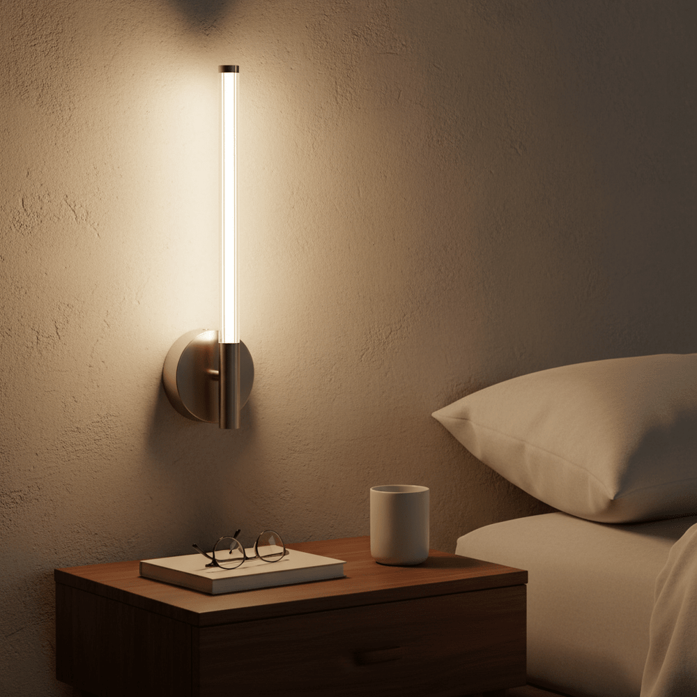 Satin chrome LED wall light mounted beside a bed, illuminating a cozy nightstand with glasses and a cup.