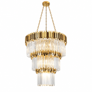 Three-tiered gold chandelier with clear crystal rods hanging from gold chain against white background