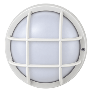 White round bulkhead light with frosted diffuser and protective grille