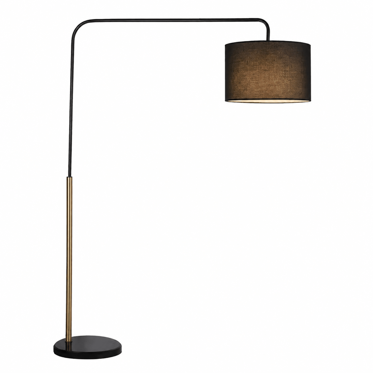 Elegant black and gold floor lamp with a fabric shade and marble base, showcasing a modern design.