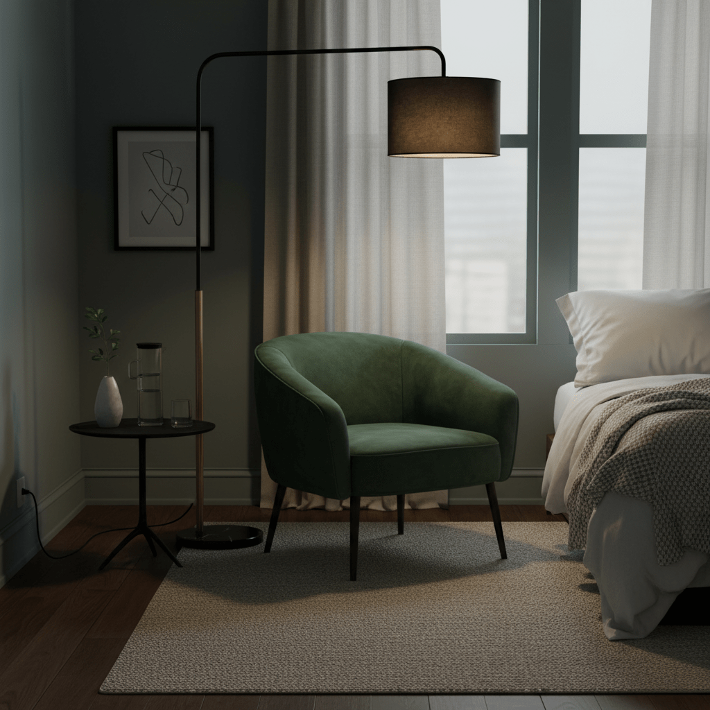 A stylish green armchair beside a black and gold floor lamp in a cozy bedroom corner.