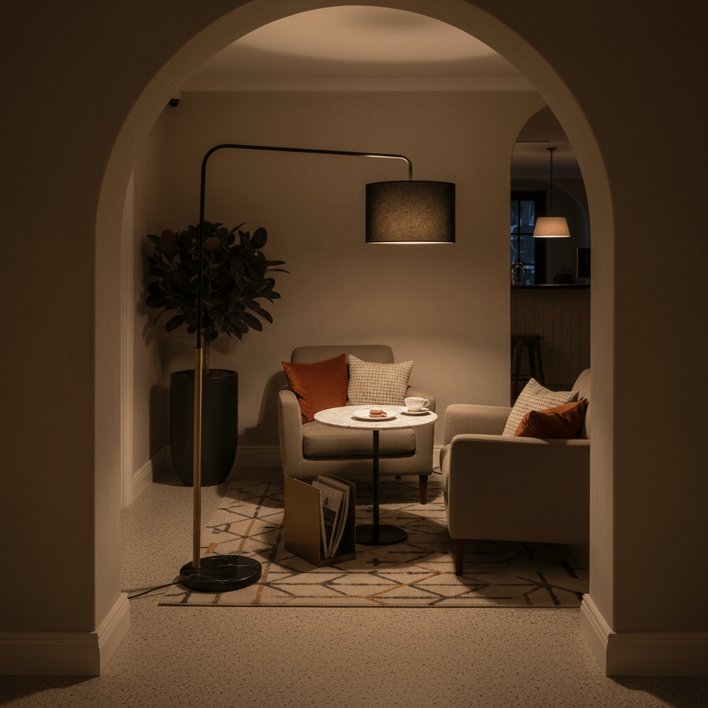 Stylish black and gold floor lamp illuminating a cozy reading nook with armchairs and a coffee table.