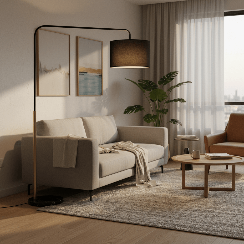Stylish black and gold floor lamp beside a modern sofa, illuminating a cozy living room setting.