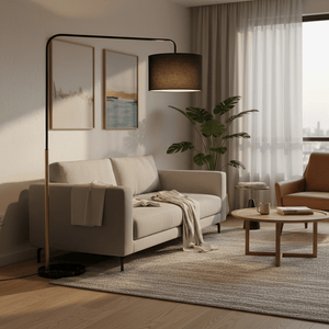 Stylish black and gold floor lamp beside a modern sofa, illuminating a cozy living room setting.