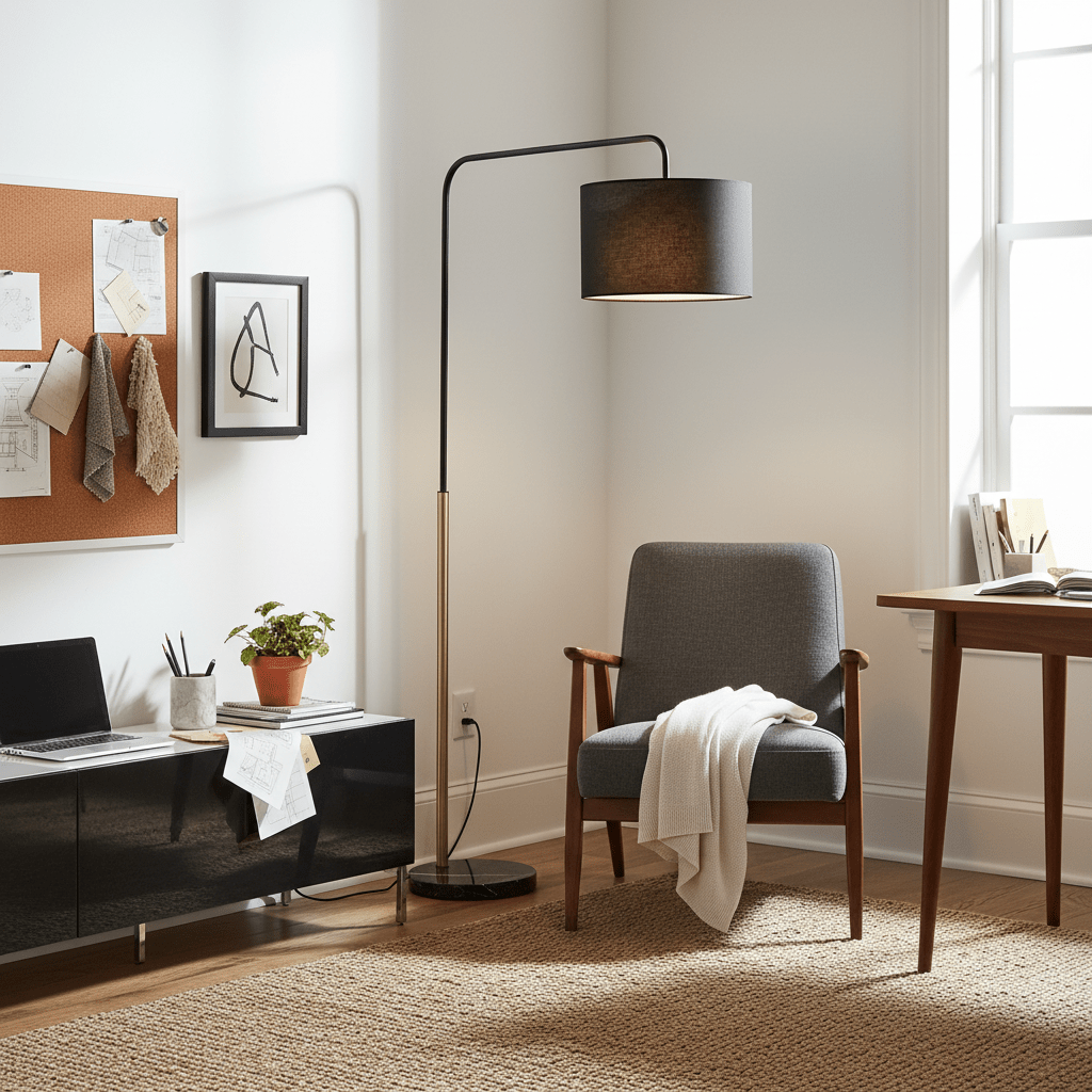 Stylish black and gold floor lamp beside a gray armchair in a cozy living space.