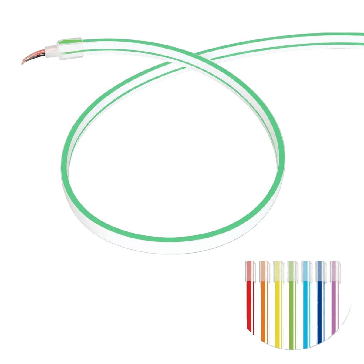 A flexible LED strip light in a green casing, coiled with a connector at one end, alongside color swatches.
