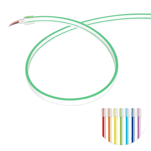 A flexible LED strip light in a green casing, coiled with a connector at one end, alongside color swatches.