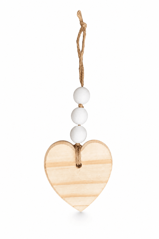 Heart-shaped hanging ornament made of pine wood with a natural finish and decorative beads.