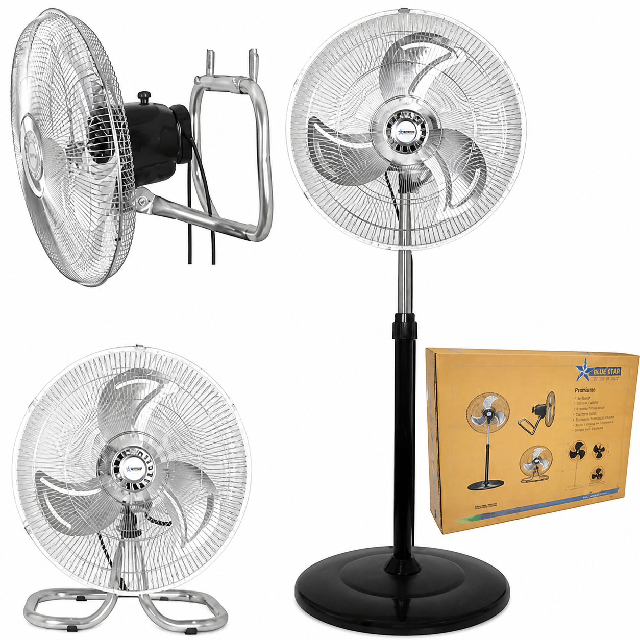 BreezeFlex 3-in-1 Adjustable Fan displayed in three configurations: floor, table, and wall-mounted, with packaging.