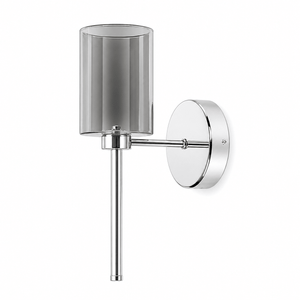 Modern chrome indoor wall light with clear glass shade, ideal for accent lighting.