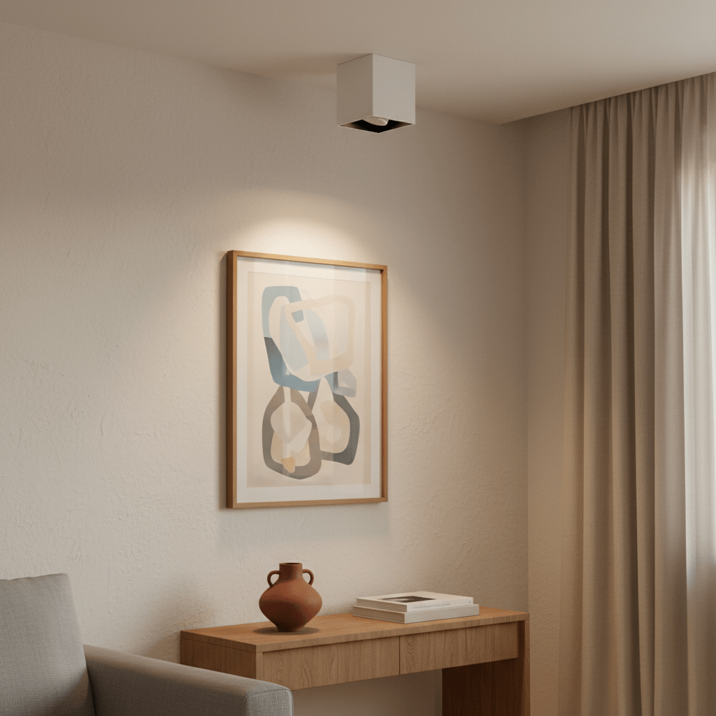 Modern white surface mount downlight illuminating artwork above a wooden table in a cozy setting.