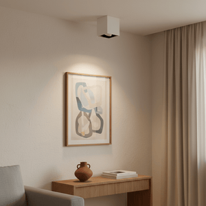 Modern white surface mount downlight illuminating artwork above a wooden table in a cozy setting.