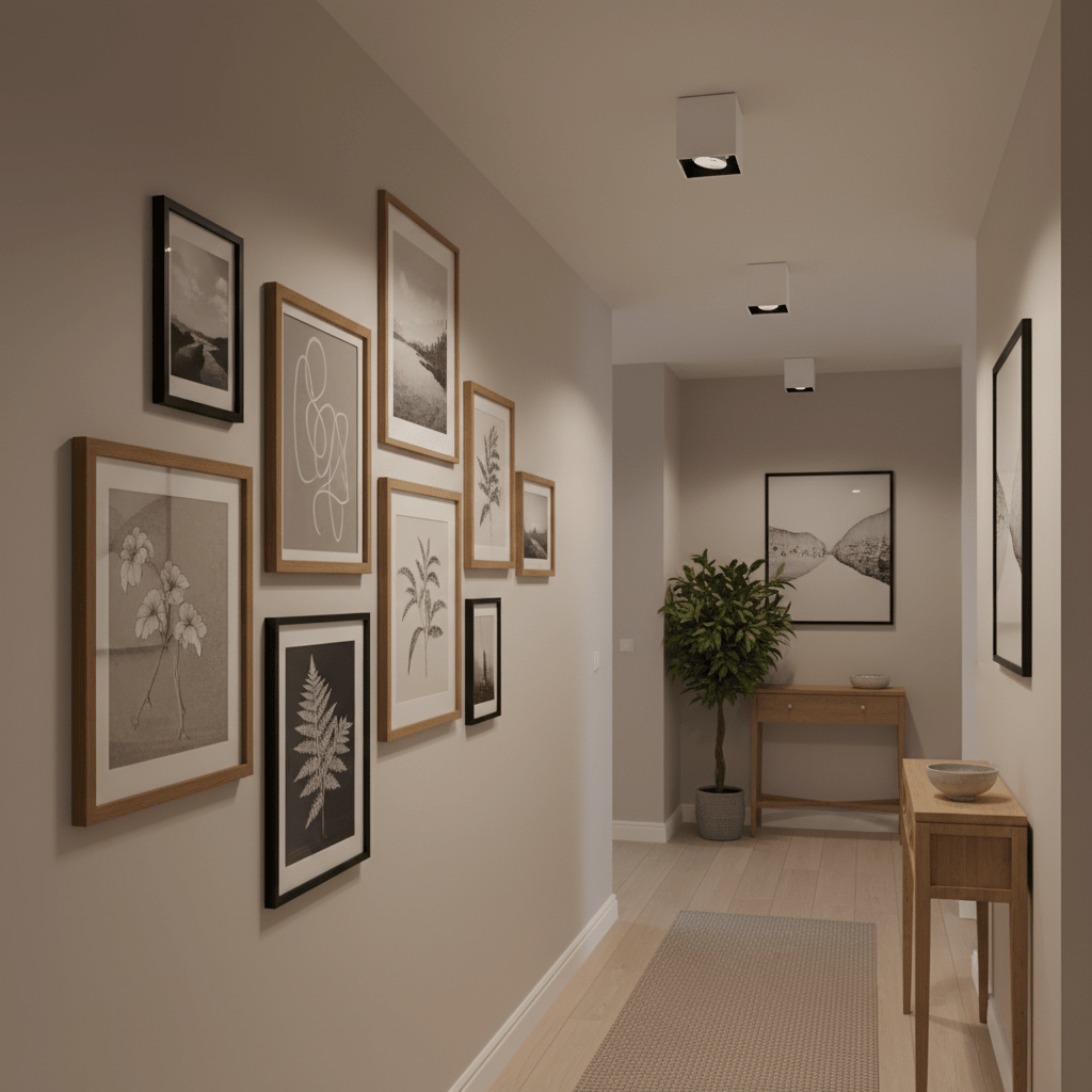 Modern surface mount downlights illuminating a gallery-style wall of framed artwork in a hallway.