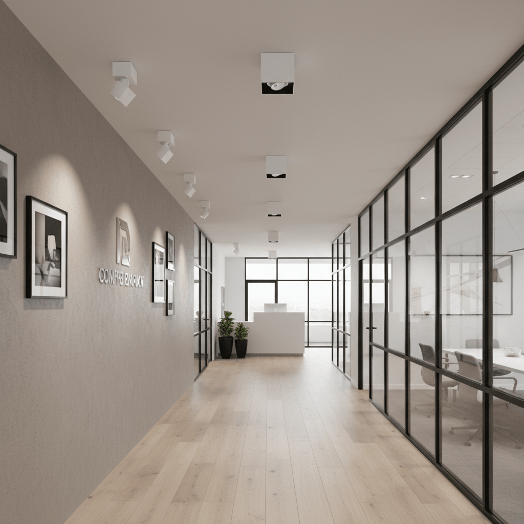 Modern office hallway featuring multiple white surface mount downlights illuminating a textured wall and framed artwork.