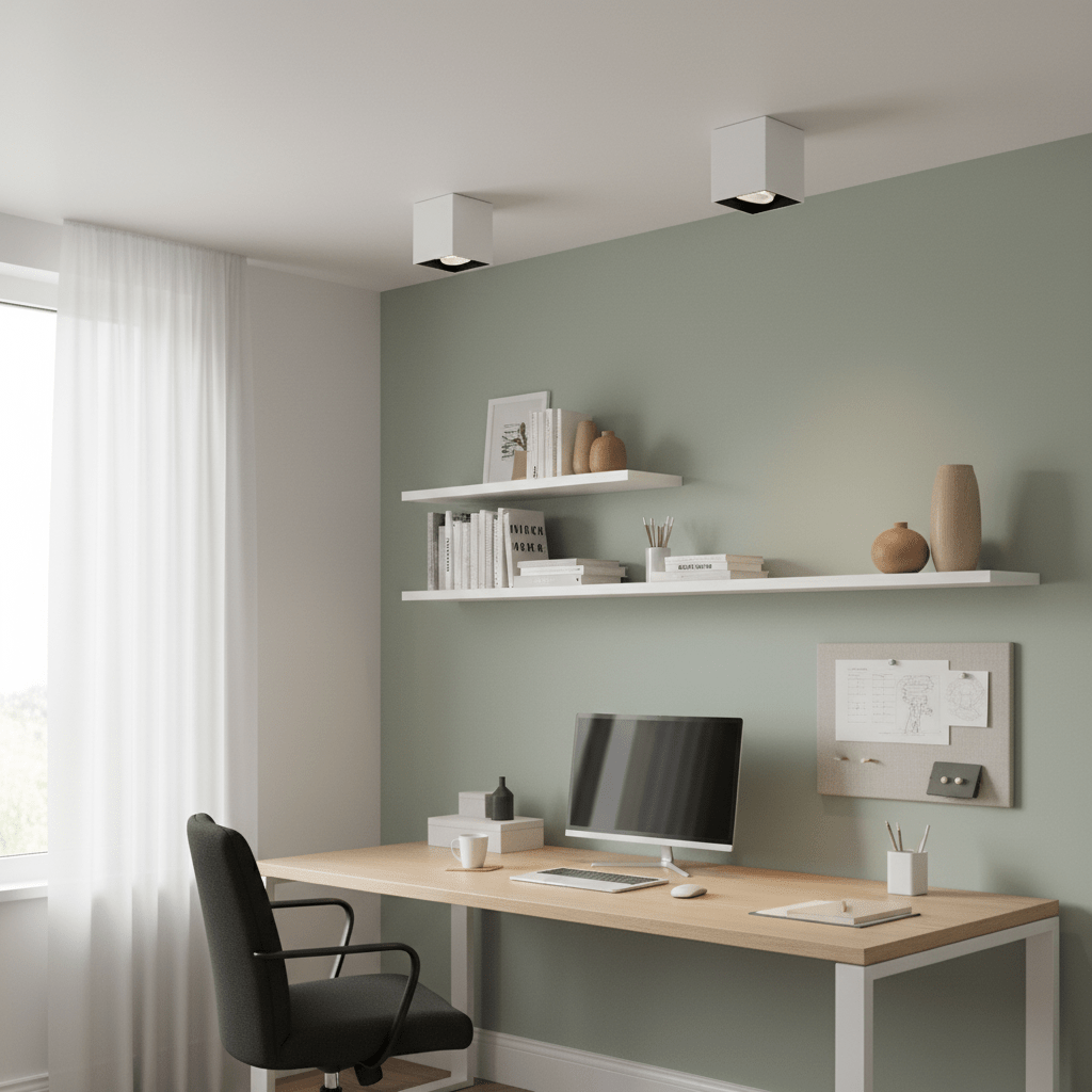 Modern office space featuring three white surface mount downlights illuminating a desk area with shelves.