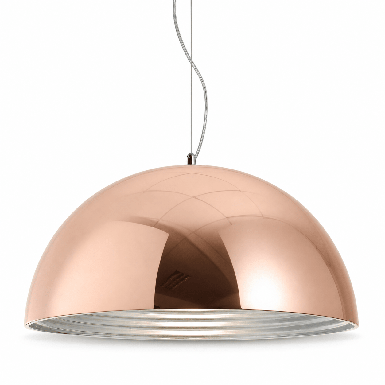 Lucia 400 Copper Pendant light with polished copper finish and ribbed interior, suspended from a ceiling.