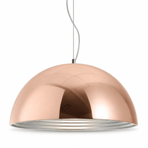 Lucia 400 Copper Pendant light with polished copper finish and ribbed interior, suspended from a ceiling.