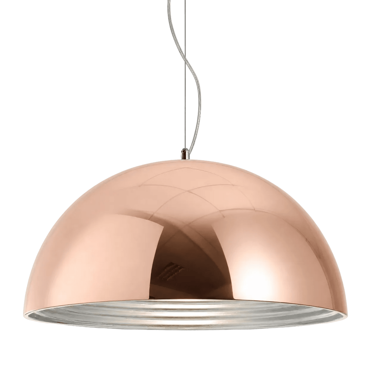 A copper pendant lamp with a smooth, reflective dome shape and a silver interior, suspended by a thin wire.