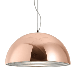 A copper pendant lamp with a smooth, reflective dome shape and a silver interior, suspended by a thin wire.