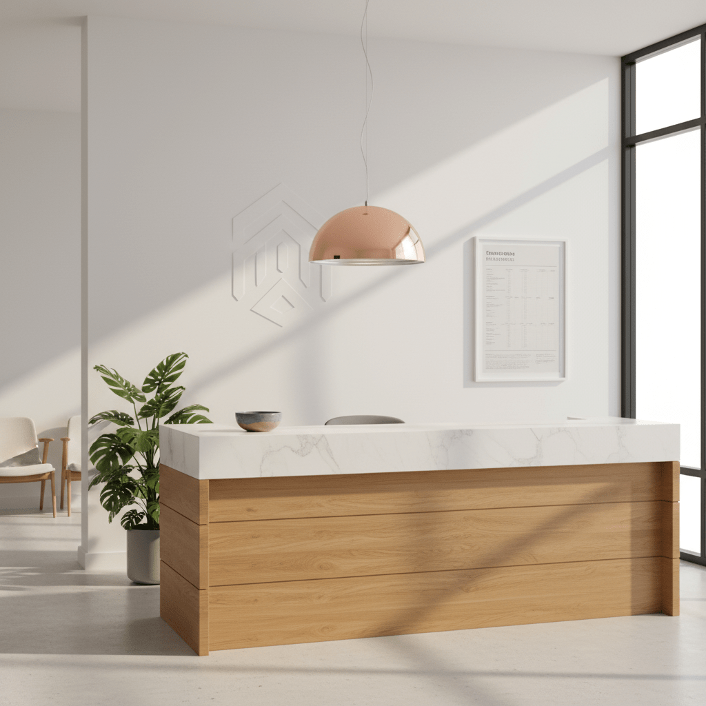 Lucia 400 Copper Pendant light hanging above a modern reception desk with a marble top and wooden base.