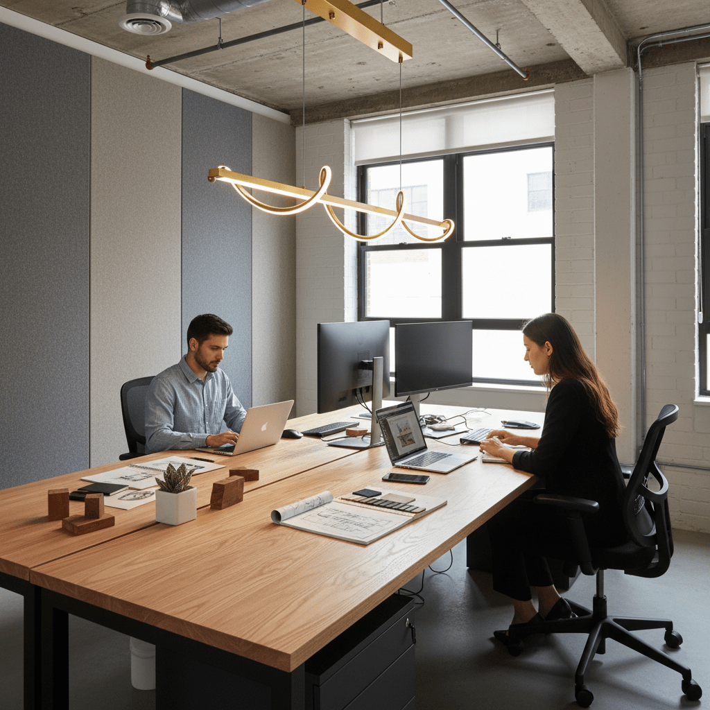 Gold linear LED pendant suspended above a shared office desk with two people working at laptops.