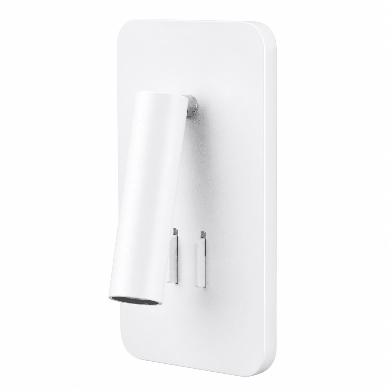 White wall-mounted bedside reading light with adjustable arm and dual switches.