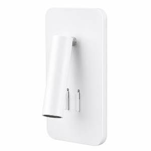 White wall-mounted bedside reading light with adjustable arm and dual switches.