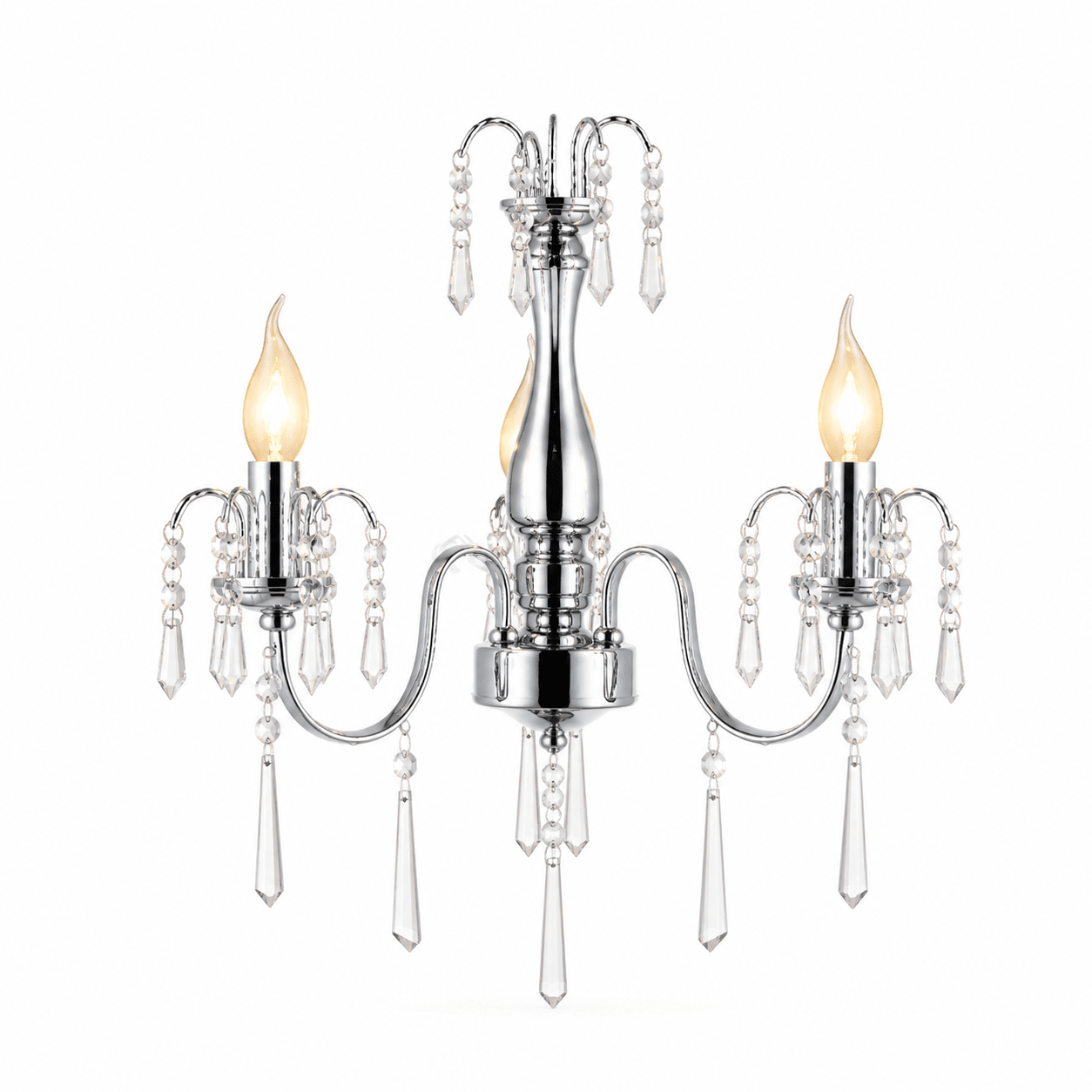 Three-arm crystal chandelier with chrome finish and elegant detailing, featuring candle-like bulbs.