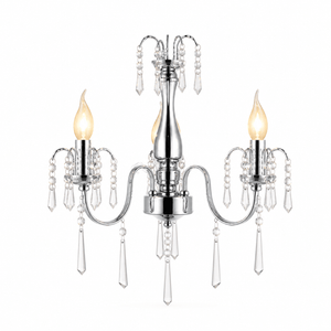 Three-arm crystal chandelier with chrome finish and elegant detailing, featuring candle-like bulbs.