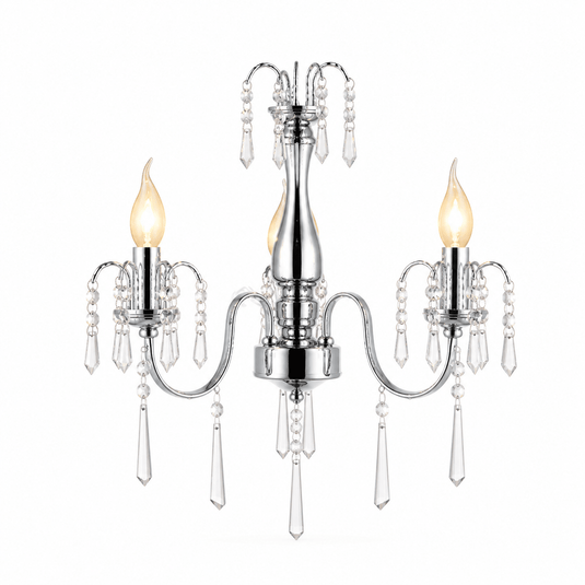 Three-arm crystal chandelier with chrome finish and elegant detailing, featuring candle-like bulbs.