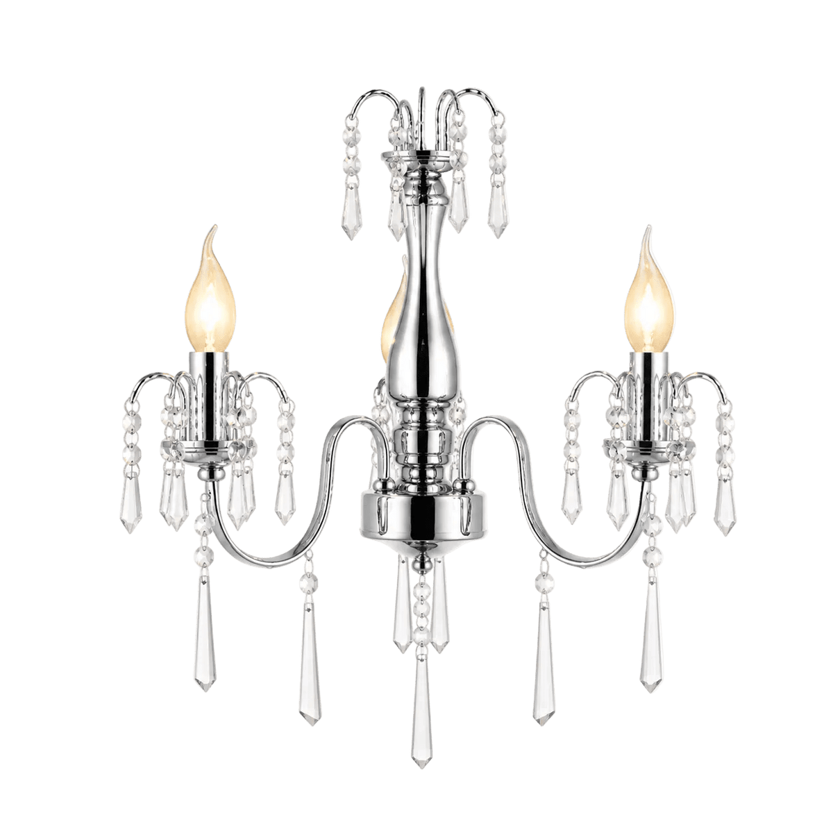 Three-arm crystal chandelier with a polished chrome finish, featuring candle-like bulbs and hanging crystal accents.