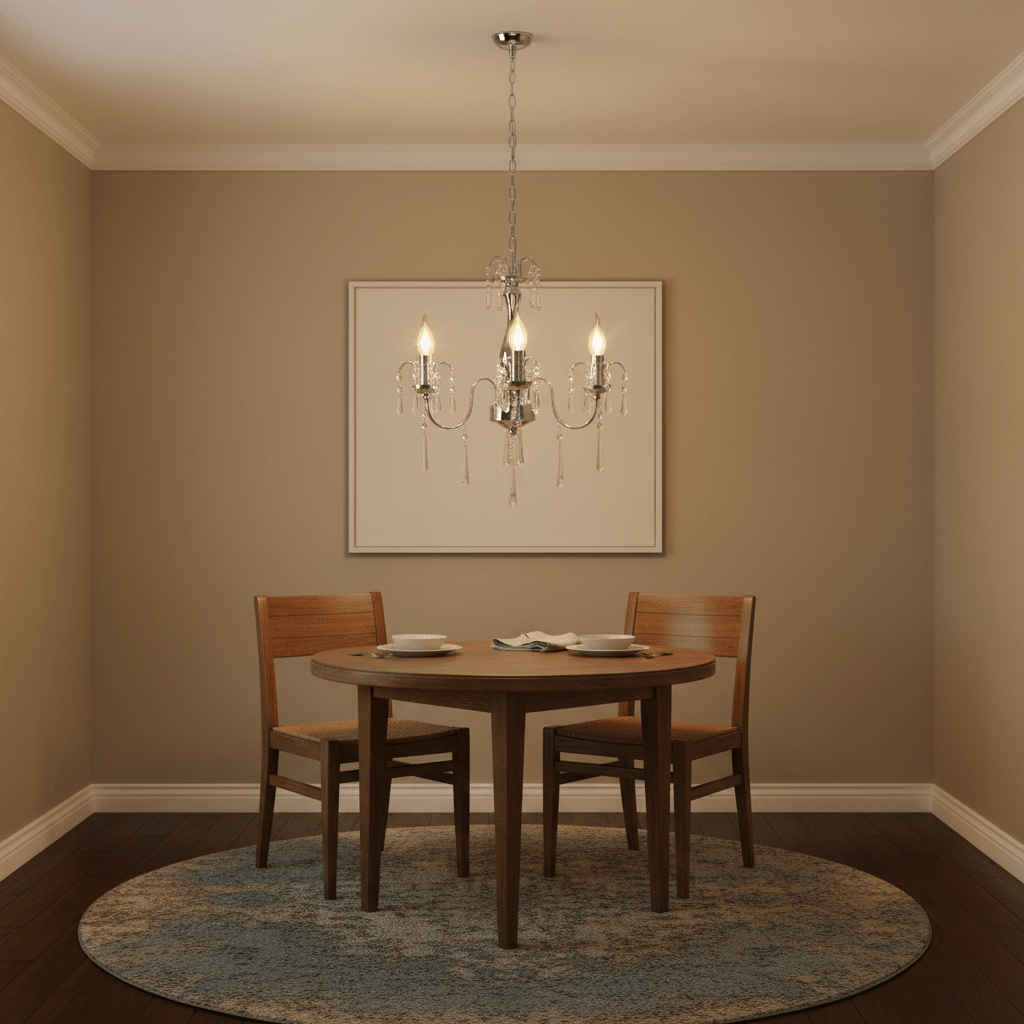 Three-arm crystal chandelier hanging above a round wooden dining table with two chairs, set in a cozy room.