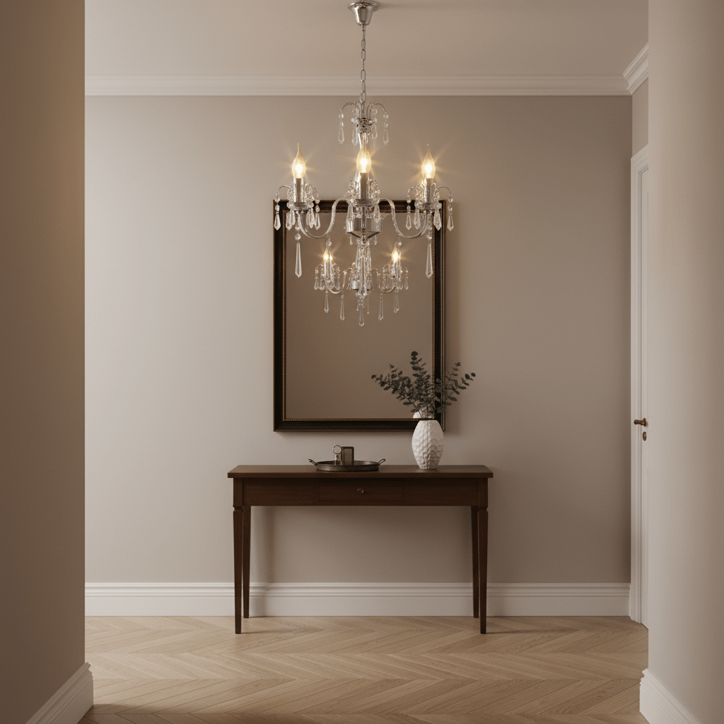 Elegant three-arm crystal chandelier hanging above a wooden console table with a mirror and decorative vase.
