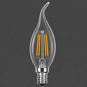 Clear glass flame filament LED bulb with visible orange filaments and E14 screw base